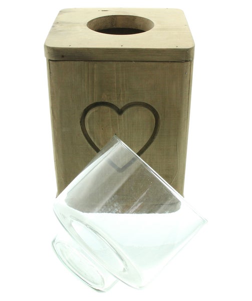FRANK FLECHTWAREN | Windlichtsäule Herz, PINIE, GLAS, 16,5 x 16,5 x 32 cm, Glas Ø 13 x 11 cm