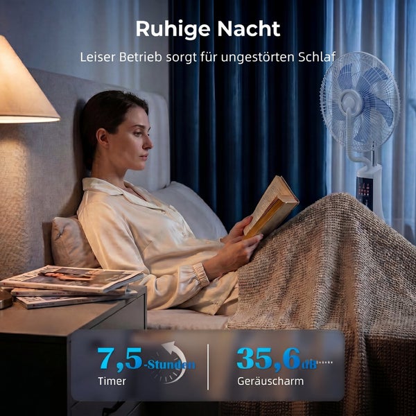Standventilator im Schlafzimmer neben einer Frau im Bett mit 7,5 Stunden Timer und 35,6 Dezibel Geräuschpegel für eine ruhige Nacht.