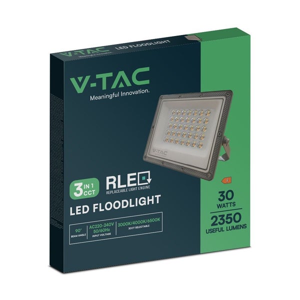 Verpackung eines V-TAC LED-Flutlichtstrahlers mit 30 Watt und 2350 Lumen