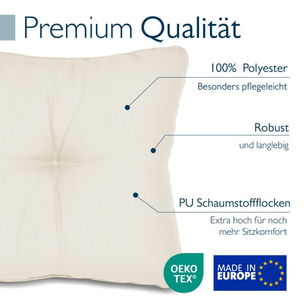Sitzkissen aus 100 Prozent Polyester, robust, pflegeleicht, Polyurethan-Schaumstoffflocken, OEKO-TEX zertifiziert, hergestellt in Europa.