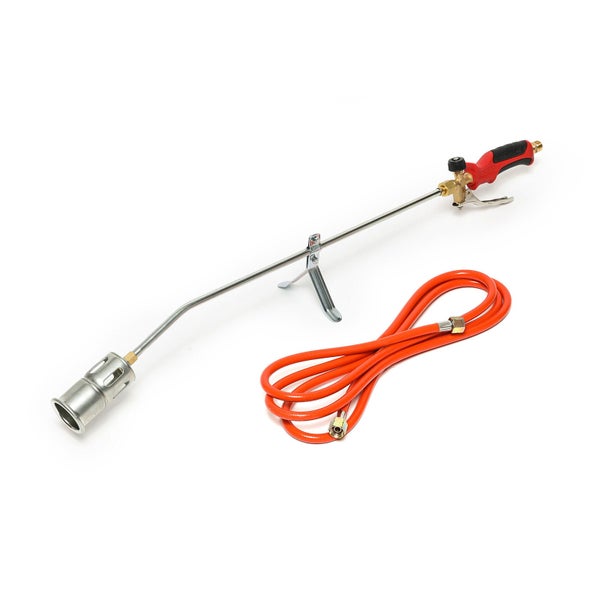 Abflammgerät mit orangefarbenem Schlauch, Brennerkopf, Handgriff mit Hebel und integrierter Stütze.