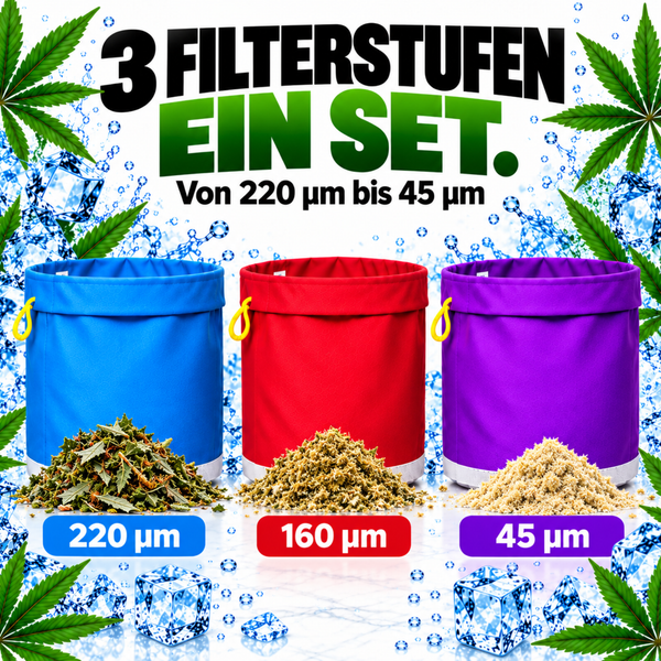 Wasserdichter Beutel mit Kordelzug zur Befestigung an einem Eimer für die Pflanzenextraktion mit Eiswürfeln.
