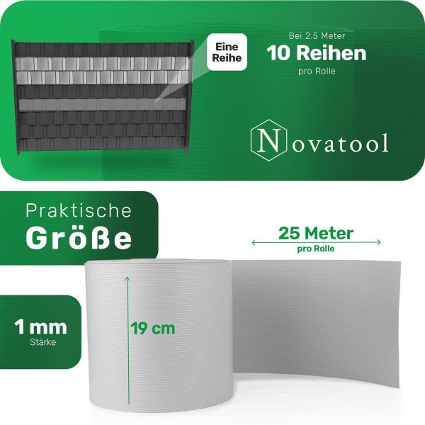 Novatool PREMIUM PP 250m Rollen Sichtschutzstreifen für Doppelstabmattenzaun FENSTER GRAU für 100 Reihen Stabmattenzaun Sichtschutzstreifen langlebig & witterungsbeständig Zaunelemente Sichtschutz