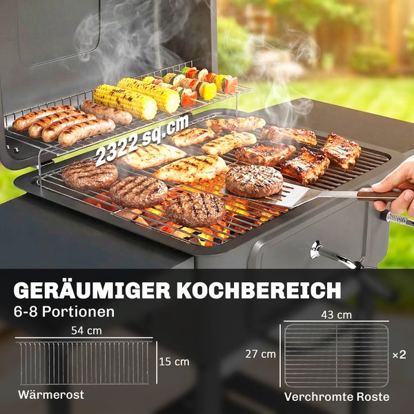 Holzkohlegrill mit geräumigem Kochbereich, Warmhalterost und verchromten Grillrosten für 6 bis 8 Portionen, Fläche circa 2322 Quadratzentimeter.
