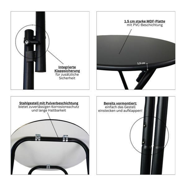 Details eines Klapptisches: 1,5 cm starke MDF Platte mit PVC Beschichtung, integrierte Klappsicherung, pulverbeschichtetes Stahlgestell und vormontiertes Gestell