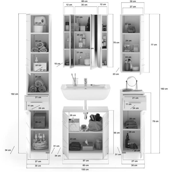 Badezimmermöbel-Set mit Hochschrank, Spiegelschrank, Waschbecken mit Unterschrank und Beischrank inklusive detaillierter Maßangaben.
