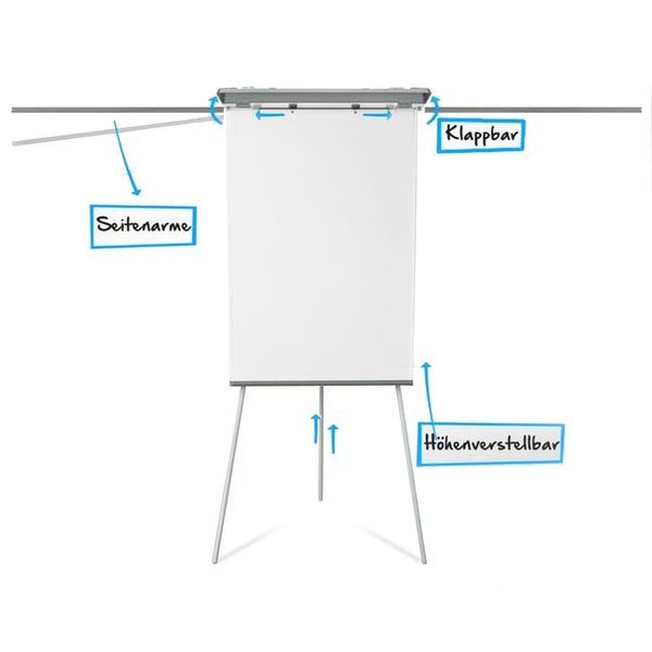 Flipchart mit Dreibeinstativ, zwei ausziehbaren Seitenarmen, klappbarer Papierhalterung und stufenloser Höhenverstellung.