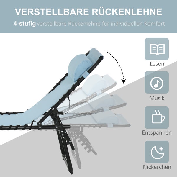 Gartenliege mit vierstufig verstellbarer Rückenlehne für verschiedene Positionen zum Lesen, Musik hören, Entspannen und Schlafen.