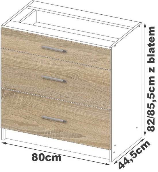 Unterschrank mit drei Schubladen, 80 mal 44,5 Zentimeter