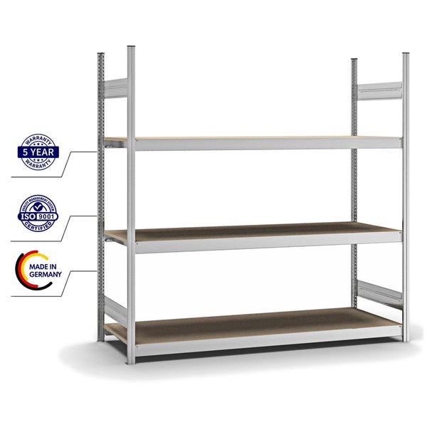 PROREGAL Weitspannregal Stecksystem T-Profil Grundregal HxBxT 200x200x60 cm 3 Ebenen Spanplatten Fachboden Fachlast 350 kg Verzinkt