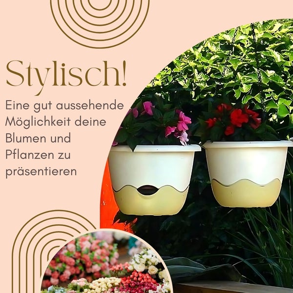 Zwei hängende Blumentöpfe mit Blumen