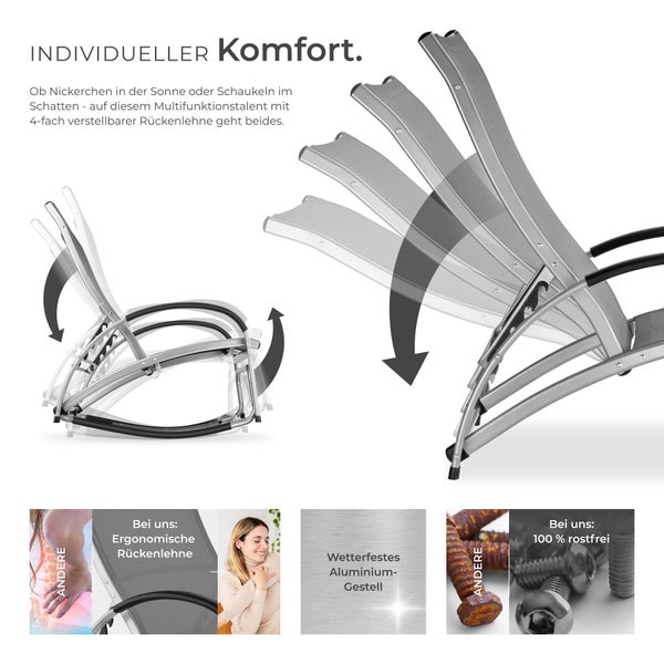Garten-Schaukelstuhl aus Aluminium mit 4-fach verstellbarer Rückenlehne, ergonomischem Design und wetterfestem, rostfreiem Gestell.