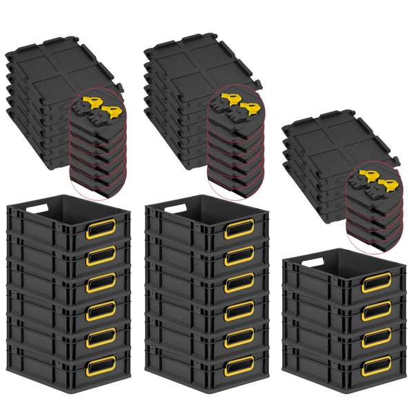 PROREGAL SuperSparSet 16x Eurobox NextGen Color mit Scharnierdeckel und Schiebeschnappverschlüssen, HxBxT 12x30x40cm, 11 Liter, Schwarz, Griffe gelb offen, Eurobehälter, Transportbox, Transportbehälter, Stapelbehälter