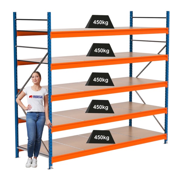 Hochregal mit fünf Ebenen und einer Traglast von 450 kg pro Ebene