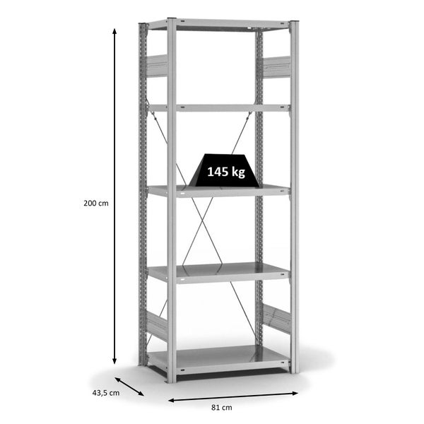 PROREGAL Fachbodenregal Stecksystem T-Profil Light-Duty Grundregal HxBxT 200 x 75 x 40 cm 5 Ebenen Fachlast 145 kg Einseitig Nutzbar Verzinkt
