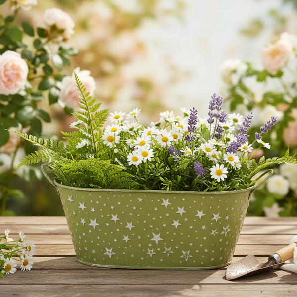 Grüner Übertopf aus Metall mit weißen Sternen, bepflanzt mit Gänseblümchen, Lavendel und Farn, auf einem Holztisch im Garten.