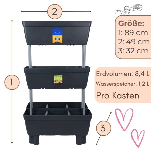 Mehrstöckiger Pflanzkasten mit Größenangaben und dem Hinweis Made in EU