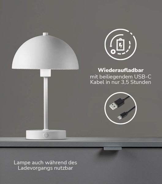 Wiederaufladbare Tischleuchte inklusive USB-C-Kabel, Ladezeit dreieinhalb Stunden, Betrieb während des Ladevorgangs möglich.