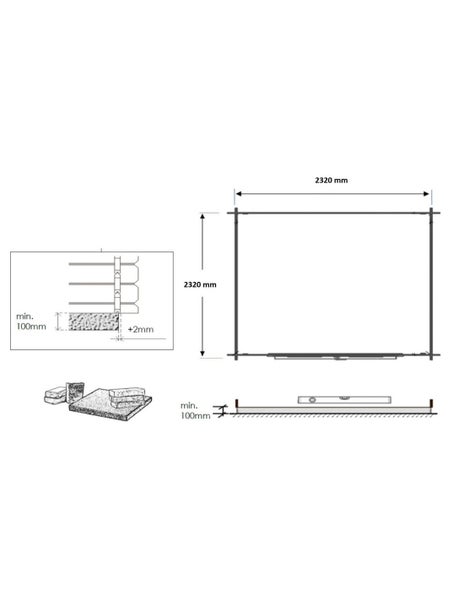 Technische Zeichnung mit Massen von 2320 Millimeter Breite und 2320 Millimeter Höhe sowie Angaben zur Montage und zum Fundament.