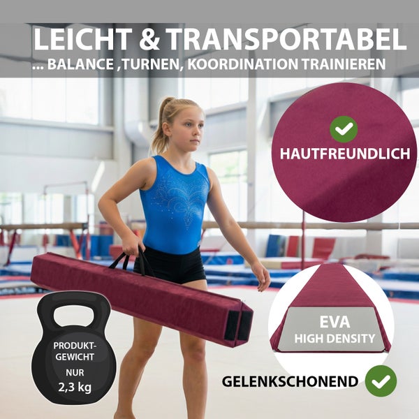 Faltbarer Gymnastik-Schwebebalken aus EVA-Schaum mit Vlies-Überzug, inklusive Tragetasche, Gewicht 2,8 Kilogramm, Tragkraft 100 Kilogramm.