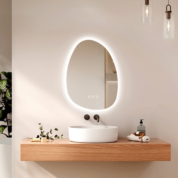 EMKE LED-Badspiegel mit Touchschalter, Rahmenloser Spiegel mit Beleuchtung,  Asymmetrisch, Anti-Beschlag, 3 dimmbare Lichtfarben, 75 x 55 cm