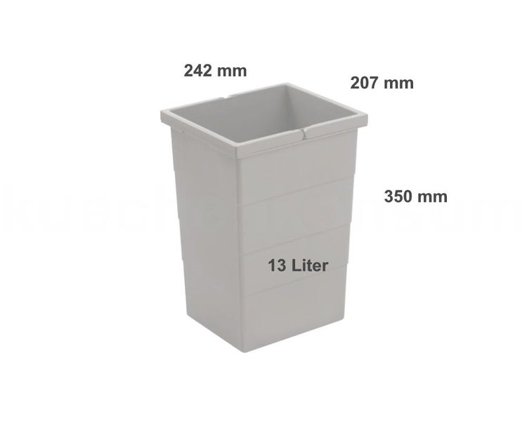 Kunststoff Abfalleimer mit 13 Liter Volumen, Maße 242 mal 207 mal 350 Millimeter.