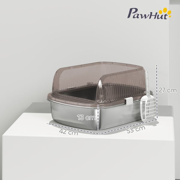 PawHut Logo. Katzentoilette aus Edelstahl mit hohem Rand und Streuschaufel. Maße 53 Zentimeter mal 42 Zentimeter mal 27 Zentimeter.