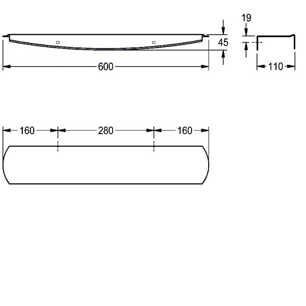 Technische Zeichnung eines Griffs mit Maßangaben in Millimetern: Länge 600, Höhe 45, Tiefe 110.