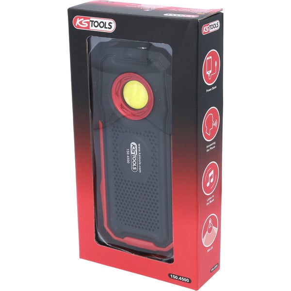 Mobile LED-Arbeitsleuchte mit Bluetooth-Lautsprecher, USB-Anschluss und robustem Gehäuse von KS Tools.