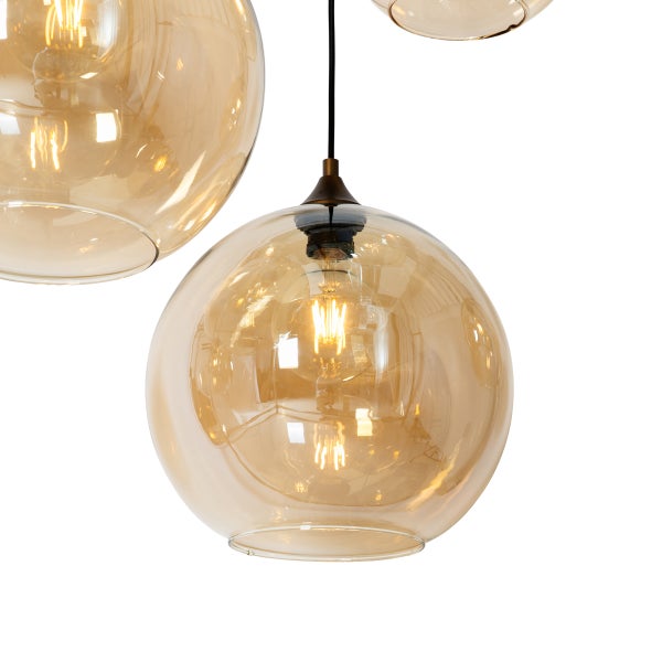 Art-Deco-Hängelampe aus dunkler Bronze mit bernsteinfarbenem Glas, oval, 8-flammig – Sandra