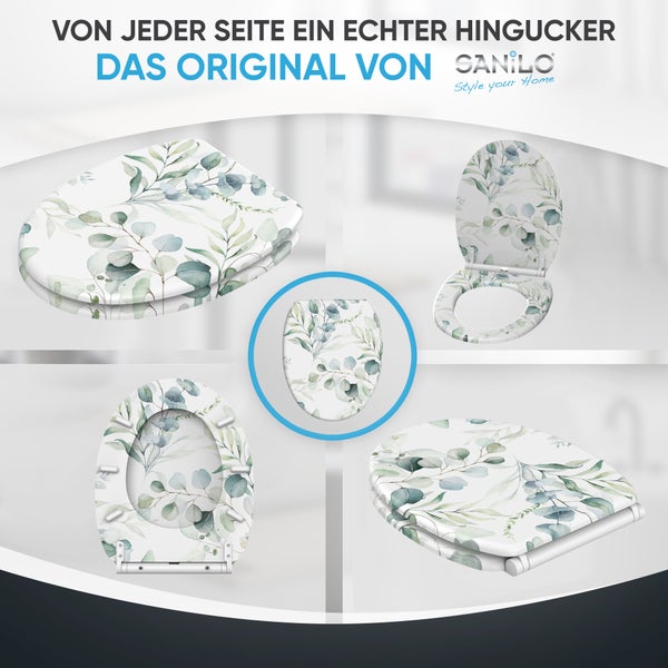 Sanilo WC-Sitz mit Eukalyptus-Motiv in verschiedenen Ansichten: geschlossen, geöffnet, Unterseite und Detailansicht. Sanilo Logo.