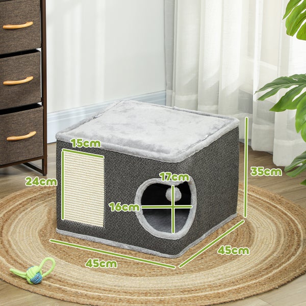 PawHut Kratztonne, 35 cm hoch Katzentonne mit Höhle, Kratzbaum mit Spielball, Katzenturm aus Sisal, für Katze bis 6 kg, Dunkelgrau+Cremeweiß