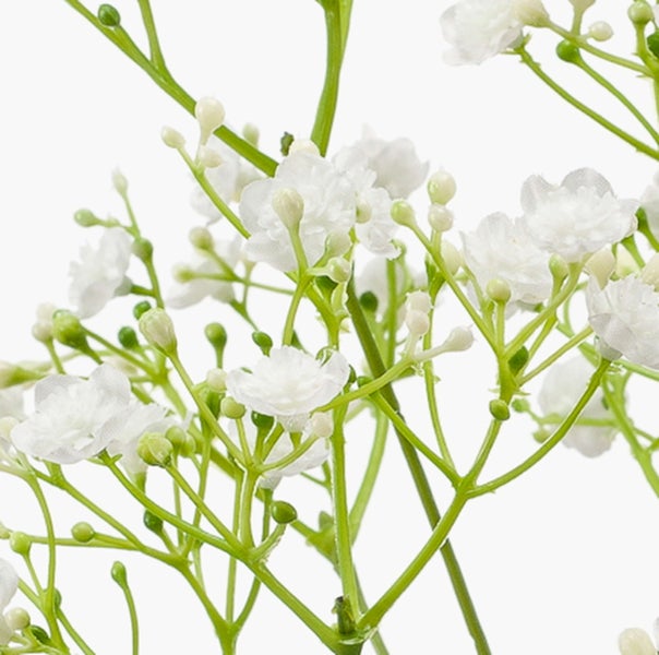 Künstlicher Schleierkraut-Zweig mit vielen kleinen weißen Blüten und grünen Knospen an einem verzweigten Stiel.