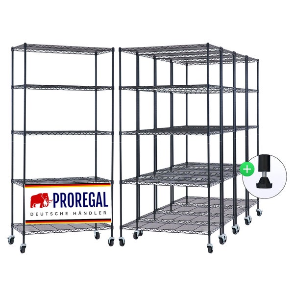 Schwarze Drahtregale mit fünf Böden auf Rollen und höhenverstellbarem Fuß. Proregal Logo.
