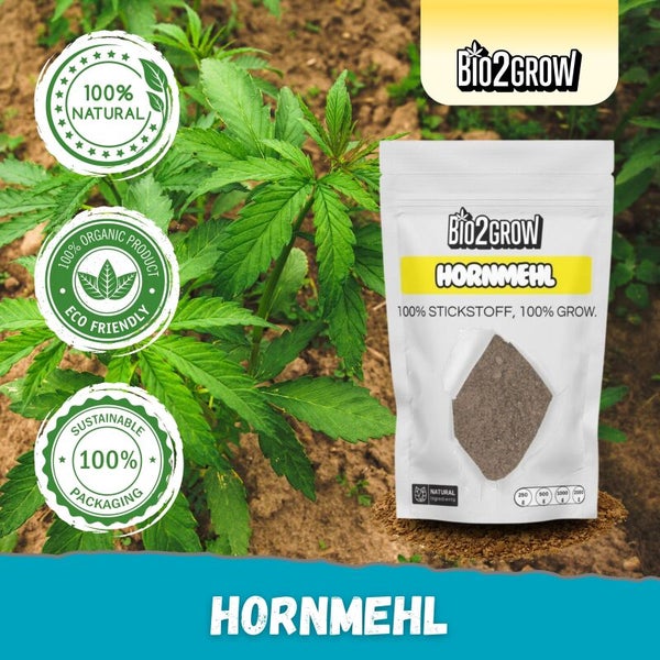 Bio2Grow Hornmehl Packung mit den Aufschriften 100 Prozent natürlich, 100 Prozent organisches Produkt, umweltfreundlich und nachhaltige Verpackung