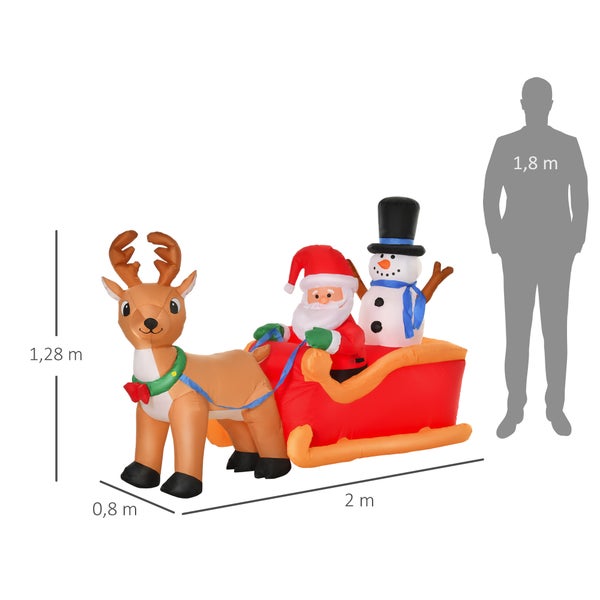 HOMCOM Aufblasbarer Weihnachtsmann auf Schlitten mit Schneemann, LED, wetterfest, 200 x 80 x 128 cm, Polyester, Rot+Gelb