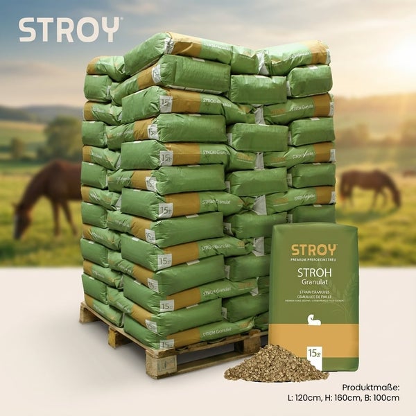 STROY Strohgranulat Premium Pferdeeinstreu auf Palette, 15 Kilogramm Säcke, Maße 120 mal 100 mal 160 Zentimeter.