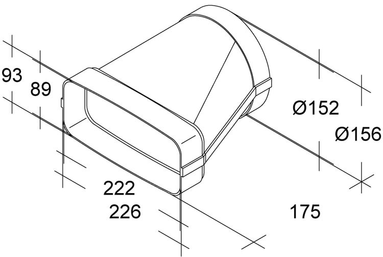 Technisches Diagramm eines Flachkanal auf Rundrohr Adapters mit Bemaßungen.