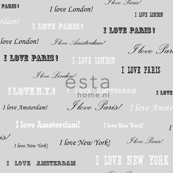 Abstraktes Muster mit den Aufschriften: Ich liebe Paris, Ich liebe London, Ich liebe Amsterdam, Ich liebe New York.