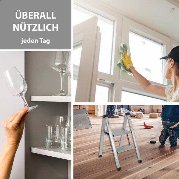 Collage verschiedener Alltagssituationen: Gläser werden in den Schrank gestellt, eine Frau putzt Fenster, eine Trittleiter steht auf einem Holzboden