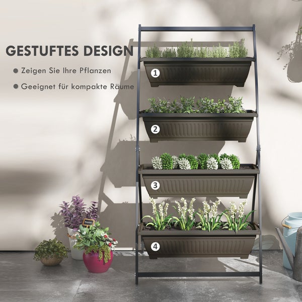 Vertikales Pflanzregal mit vier Etagen für Kräuter und Blumen, platzsparendes Design für Balkon oder Terrasse.