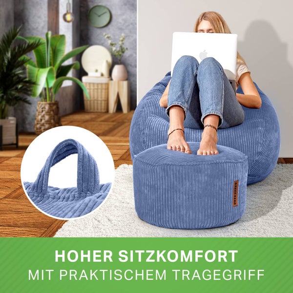 Green Bean 2er Set Indoor XXL Sitzsack + Pouf mit EPS-Perlen Füllung - Fußhocker Fußkissen Hocker Bodenkissen Liegekissen Sitzkissen Lounge Chair - Dunkelblau