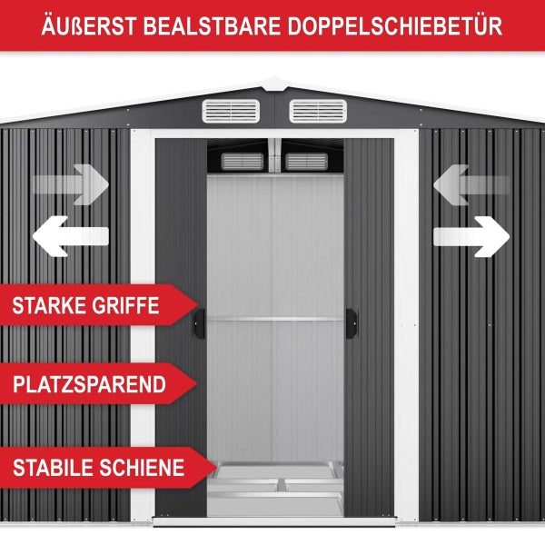 Metall-Gartenhaus mit robuster Doppelschiebetür, starken Griffen und stabiler Schiene, platzsparendes Design.