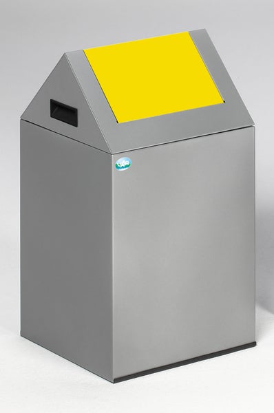 PROREGAL Selbstlöschender Wertstoffsammler Spitz Mit Einwurfklappe 43 Liter HxBxT 60 x 32 x 32 cm Verzinkter Stahl Silber Gelb