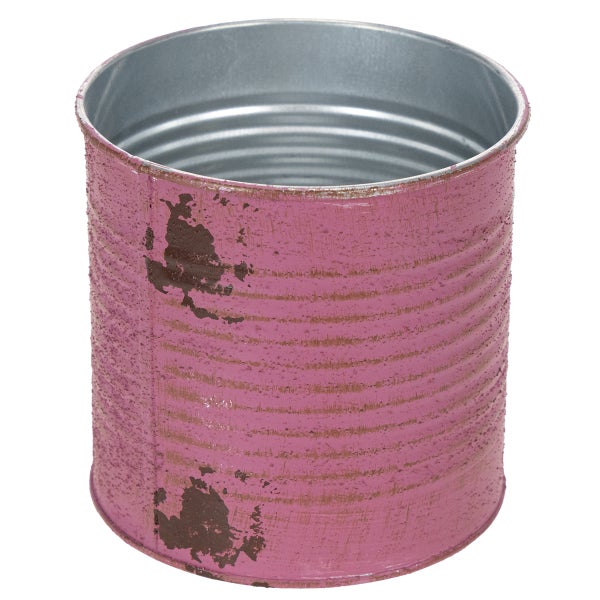 Zylindrischer Metallübertopf in Rosa mit Vintage-Optik und geriffelter Struktur.