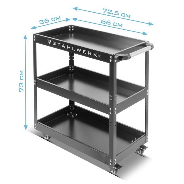 Werkstattwagen mit drei Ablageflächen und den Maßangaben 73 cm Höhe, 36 cm Breite und 72,5 cm Länge. Stahlwerk Logo.