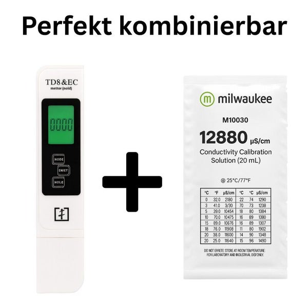 Kombination aus TDS und EC Messgerät mit Kalibrierlösung