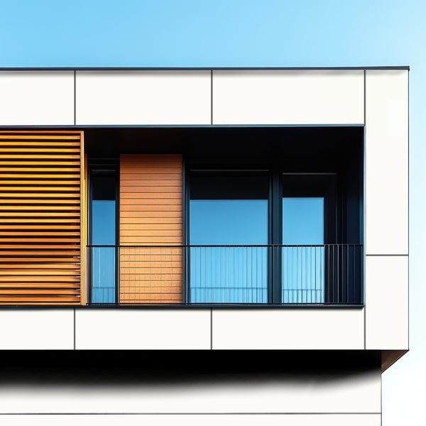 Nahaufnahme eines modernen Gebäudes mit Fenster, Balkon und Sonnenschutz