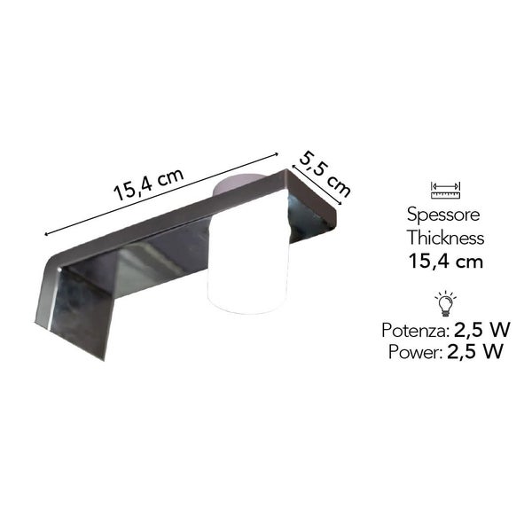 Wandleuchte aus Metall mit weißem Diffusor, Länge 15,4 Zentimeter, Breite 5,5 Zentimeter, Leistung 2,5 Watt.