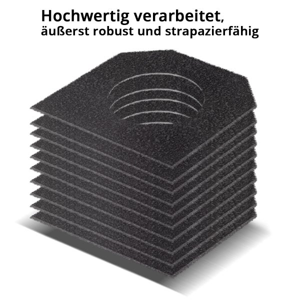 Stapel aus zehn schwarzen, sechseckigen Filzunterlagen mit runder Aussparung.